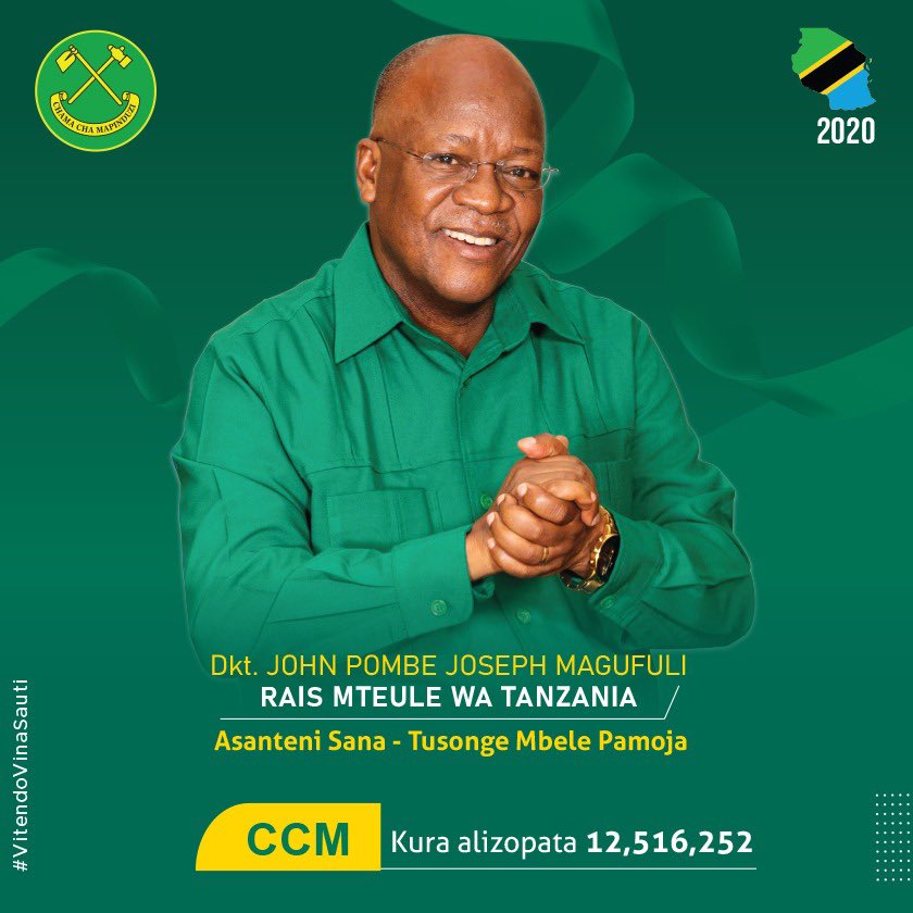 Rais mteule wa Jamhuri ya Muungano wa Tanzania ni Dkt <a href="/MagufuliJP/">Dr John Magufuli</a> 
Tunatoka Shukurani kwa Wapiga kura wote waliofanikisha ushindi huu wa Kishindo kwa Chama cha Mapinduzi.
#AsanteTanzania
#MatokeoYaUchaguziMkuu2020 
#Tanzania