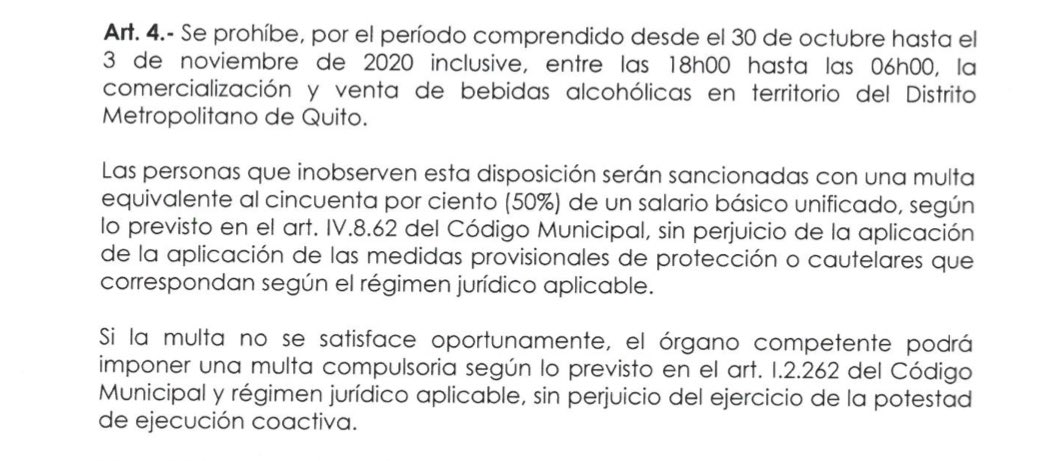 De acuerdo con la resolución 079 del Municipio, desde hoy hasta el 3 de noviembre, queda prohibida la venta de bebidas alcohólicas en el DMQ. El incumplimiento de la disposición puede acarrear multas, pero el Municipio no ha socializado la medida.