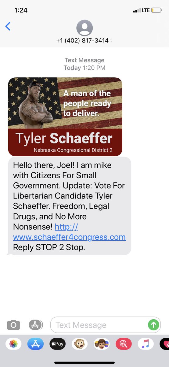 . @karaforcongress I just got an odd text message that I’d love to hear your thoughts on/explanation for. It purports to support Libertarian candidate Tyler Schaeffer, but something seems more than a little shady and an underhanded way to take votes from  @DonJBacon Thread 