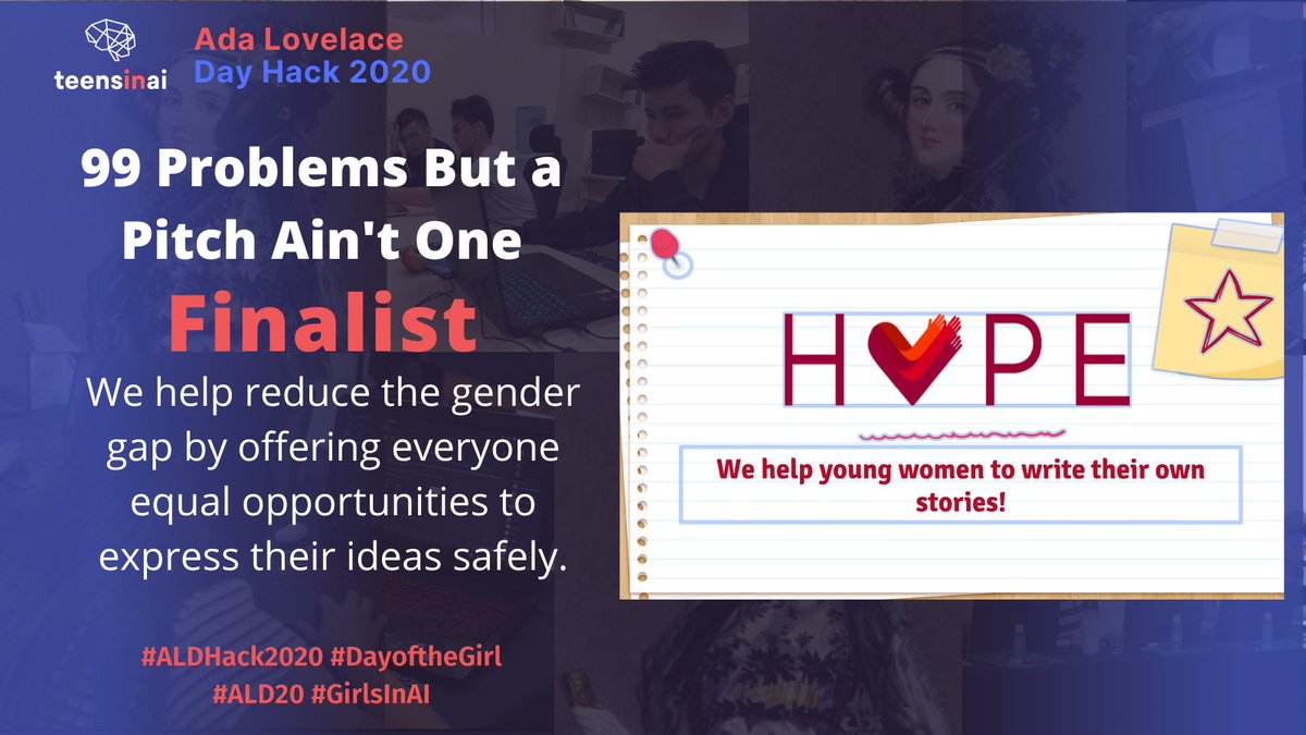 TeensInAI's tweet photo. Congratulations once again to '99 Problems But a Pitch Ain't One' Team Hope for winning our #ALDHack2020!
Our judges were so impressed with your idea, enthusiasm and teamwork! Well done!
#TeensInAI2020 #AIforGood #TeensInAI
@TeensInAI @elena_sinel @catblaikie https://t.co/qRqDz6OWWd