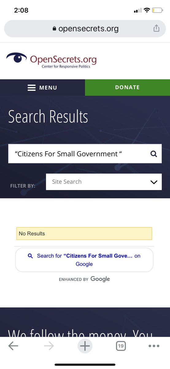 The website was registered just 12 days ago through  @Wix — strange. Also strange is that  @OpenSecretsDC has no information on Citizens For Small Government. If you search google without their name in “” it brings up Citizens for SMALLER Government; a legit organization 