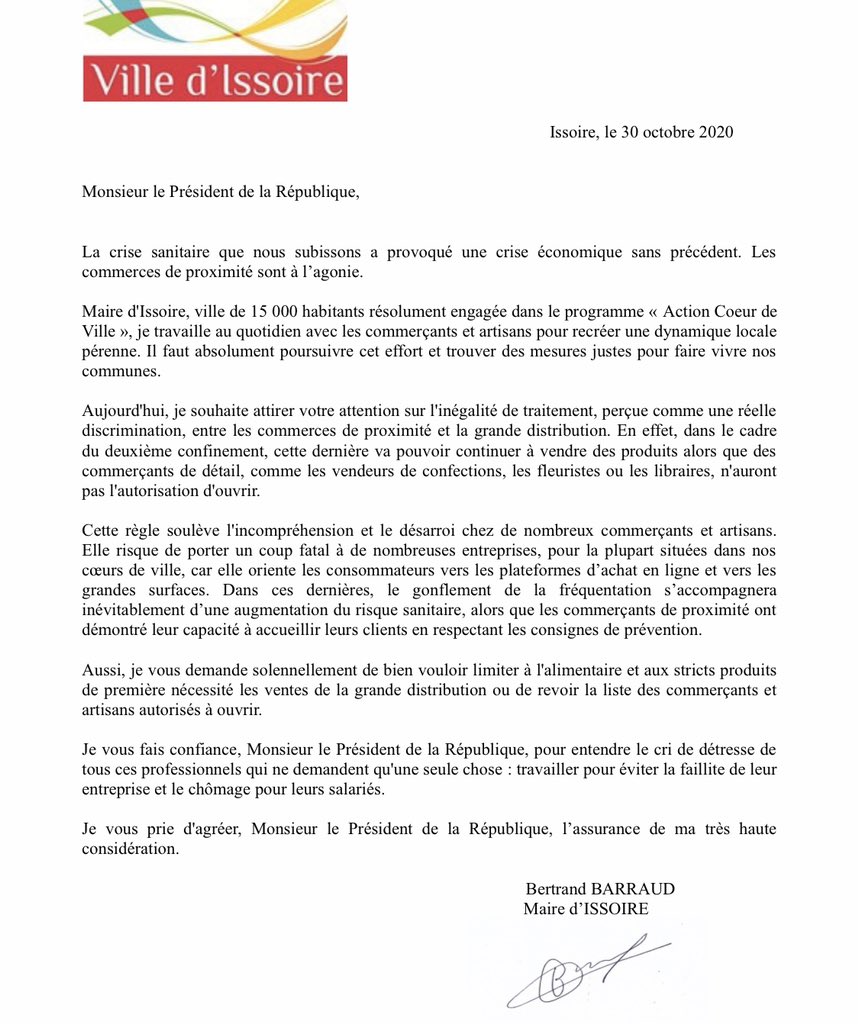 FDubessy's tweet photo. @Barraud_Bd  maire d’Issoire a écrit aujourd’hui au Président de la République @EmmanuelMacron pour que le gouvernement revoit sa position sur les commerces de proximité 👏🏻 Bertrand, défendons nos commerces ⤵️ https://t.co/uQHP7jIPBW