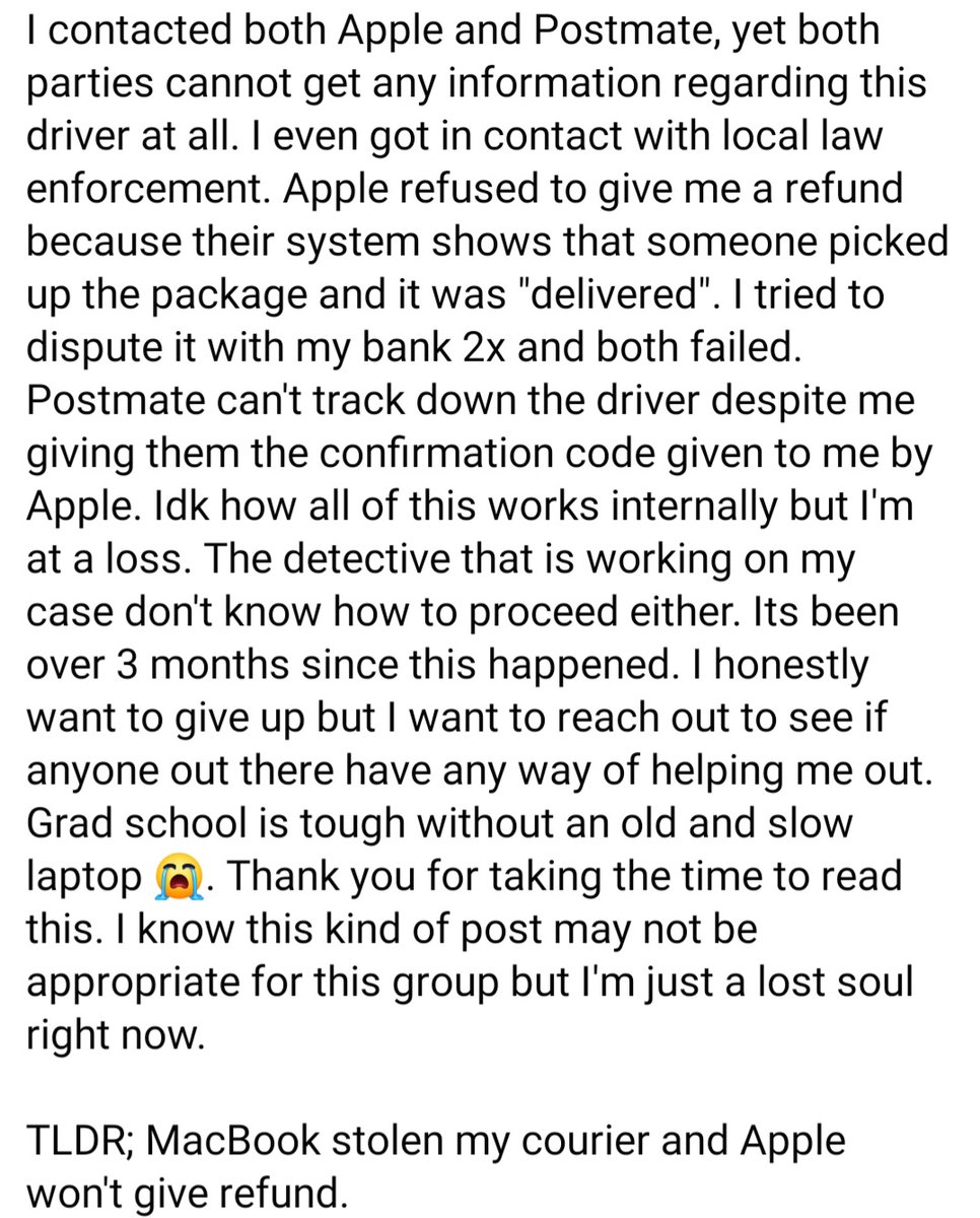 penguyennss's tweet photo. @Apple @Postmates This is how you handle something like this? Deflect every concern towards local law enforcement that can't do anything because such a huge lack of information. Through @Chase 2x failed dispute, I found out the Postmate driver name "Abel M." #Apple #postmates https://t.co/LnLzX6SIVR