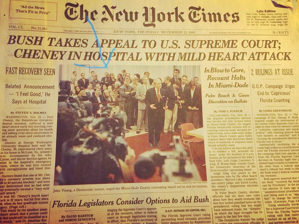 heatherwhiteofc's tweet photo. THREAD - November 2000. My mom saved this @nytimes front page. Iโm there - one of the recount lawyers for #gore2000. My PSA for everyone to #vote. 537 votes made all the difference then. #not2016 #not2000 https://t.co/9ZHB7PFL41
