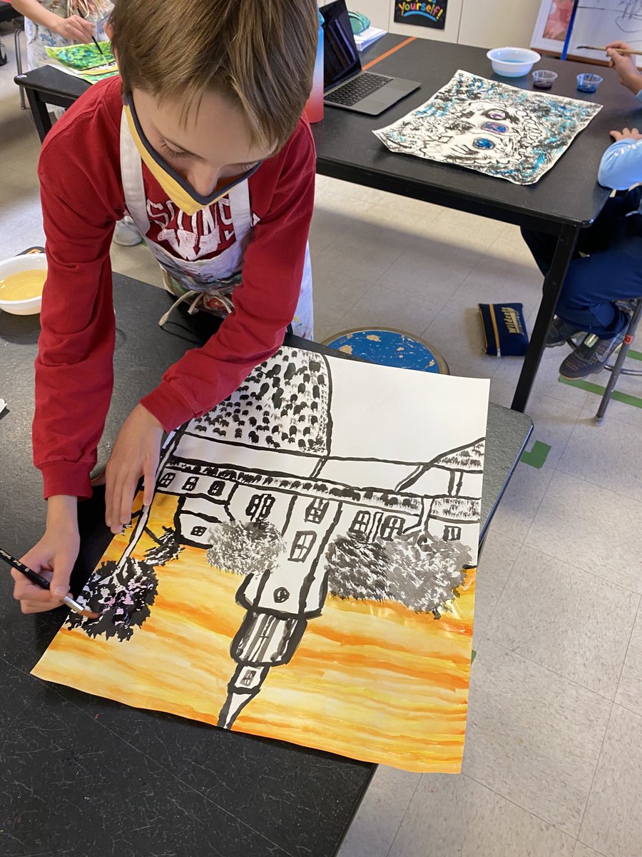 Unleashing our inner beast! Inspired by the Fauvist painters Gr6 Ss take some risks with their landscapes using liquid watercolors! #usmfac <a href="/LifeAtUSM/">Lucas Spielman</a> #arted