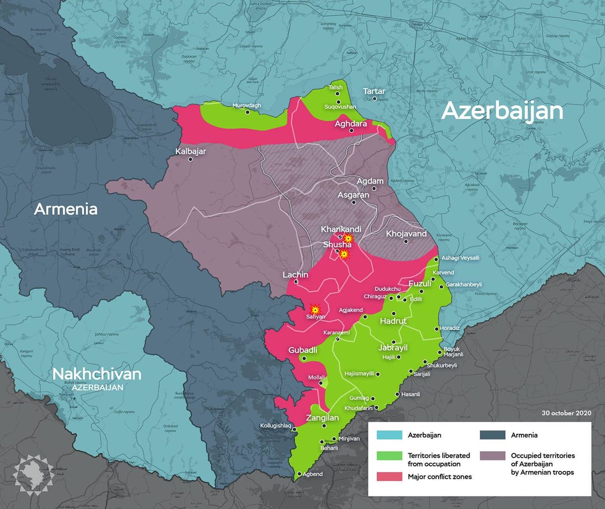 IsaMelikov's tweet photo. Состояние на 30 октября

#AzerbaijanArmy
#KarabakhIsAzerbaijan
#Karabakh 
#KarabakhWar

Карту подготовил: @rasulhasanov https://t.co/HajkSvOsGe