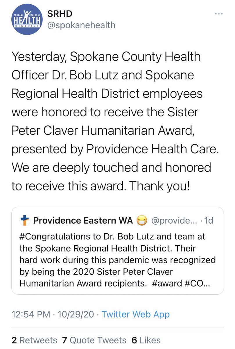 Two days ago, Dr. Lutz &  @spokanehealth were awarded for their work. Today, Dr. Lutz is mysteriously terminated &  @spokanehealth is looking for a new county health officer.