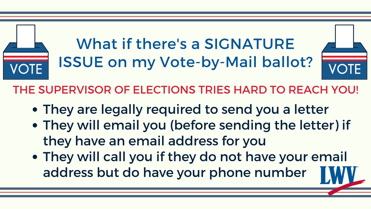 lwvcollier's tweet photo. There's a process for dealing with irregular signatures. Don't worry. The Supervisor of Elections will reach out. You can also go online @CollierVotes to double-check yourself. Go to "track my ballot" for info you need. @SFLSIA 
@FloridaSeniors 
@healthyseniorfl @PowerThePolls https://t.co/UpnK9wc9eL