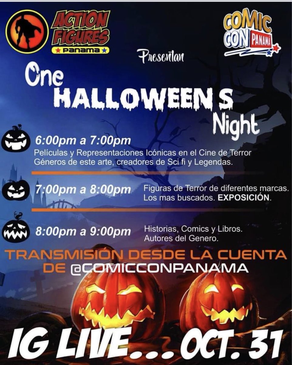 comicconpan's tweet photo. 📢 ¡MAÑANA!

¿Están listos para nuestro evento de #Halloween￼ este sábado 31 de octubre a las 6:00 p.m. Estaremos transmitiendo en directo hablando sobre cine y cómics terroríficos con @actionfigurespanama 👻 

Regalos y sorpresas gracias a  @beercow507 
@aliengeek507 y @mbe https://t.co/hGOlXhndTJ