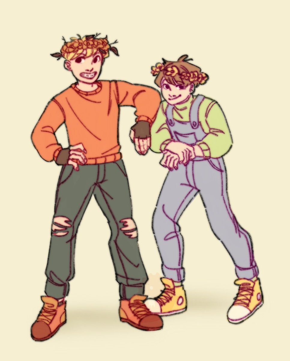 soulless_dino's tweet photo. shoes and ripped jeans are very hard to draw but iβm loving the flower crowns :D #redcodedDTIYS #tubbofanart #tommyinnitfanart #mcyt https://t.co/494WNoyD8k