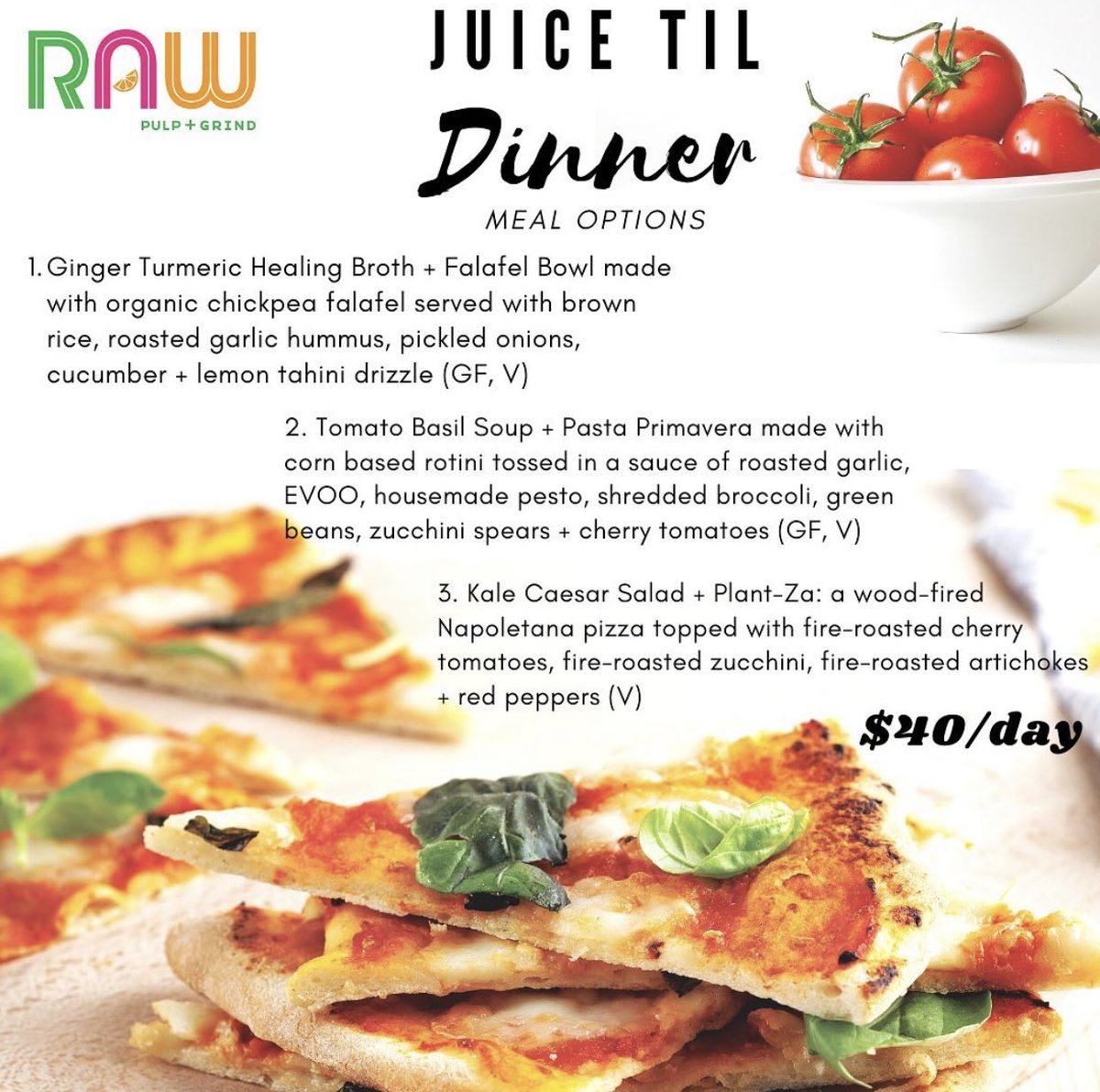 Next week’s Juice til Dinner meal options ( yes! Plant-based pizza) Book by Sunday at 6 pm for Tuesday pick up or delivery rawpulpandgrind.com/raw-reboot-cle…