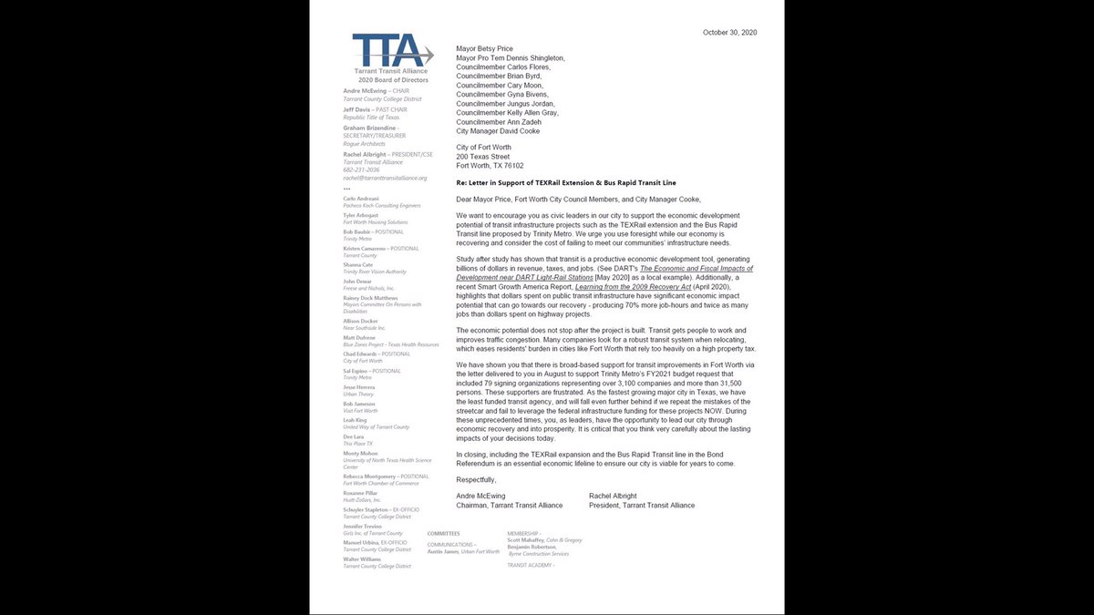 Bob10481548's tweet photo. Tarrant Transit Alliance letter to The City of Fort Worth supporting transit funding https://t.co/QEKwhA4yQs