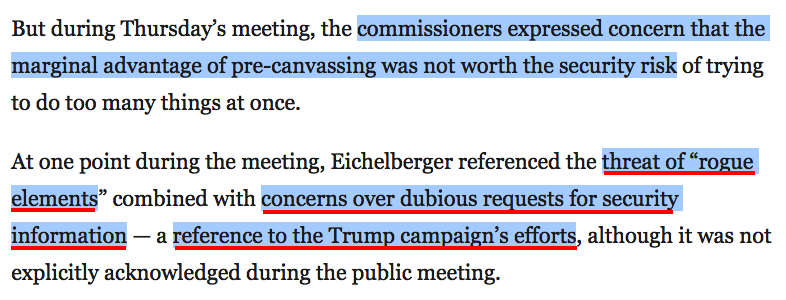 all this  @realdonaldtrump mob stuff caused PA officials to cancel what's called "pre-canvassing" which gives them a head-start in ballot-counting"rogue elements" lololol