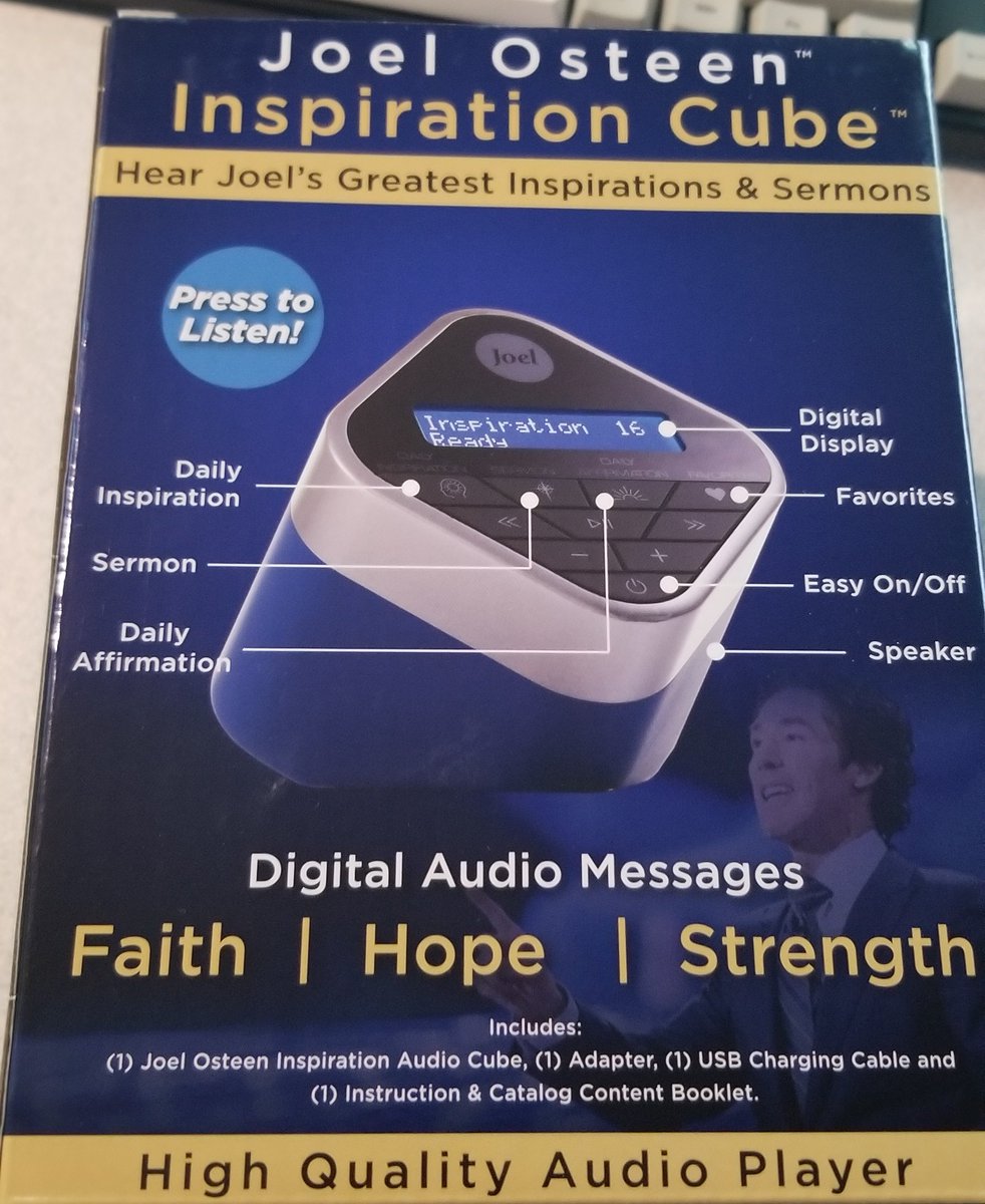 It's got Daily Inspiration, Sermon, Daily Affirmation, Digital Display, Favorites, Easy On/Off (I'm tired of hard to use power buttons), and Speaker.
