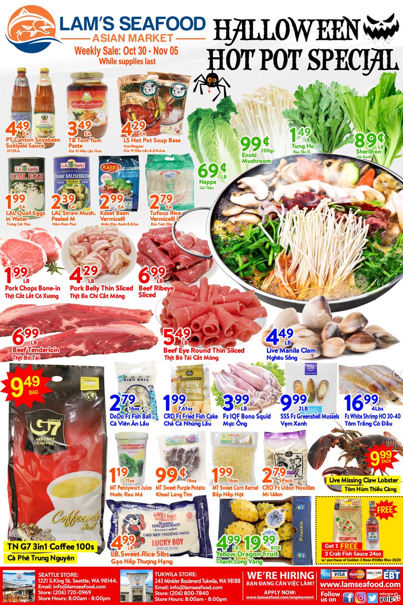 💀🍁Halloween Hot Pot Special!🍁🧟‍♀️
Find the best ingredients for hot pot here!

🧟Buy one bag Golden 3 Rose #50 Rice get one 24oz 3 Crab Fish Sauce FREE!