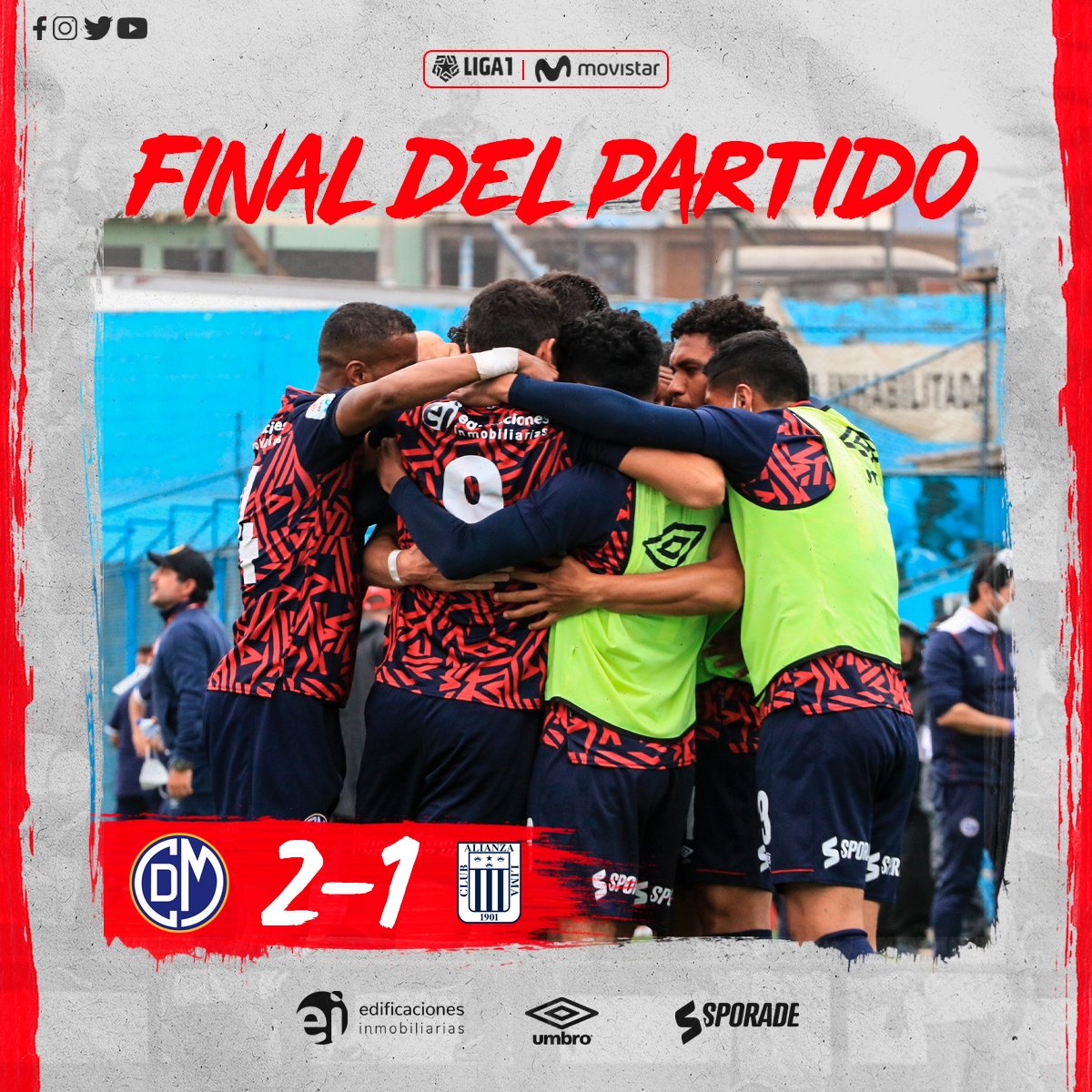 CCDMunicipal's tweet photo. ¡JUNTOS LOGRAMOS EL TRIUNFO!
⛳ Culminó el partido.
Deportivo Municipal 2-1 Alianza Lima
⚽️: Renzo Alfani (62'), Yhirbis Córdova (83')
#EquipoEdil #EchaMuni #85AñosAlentando https://t.co/6PZSDdY937