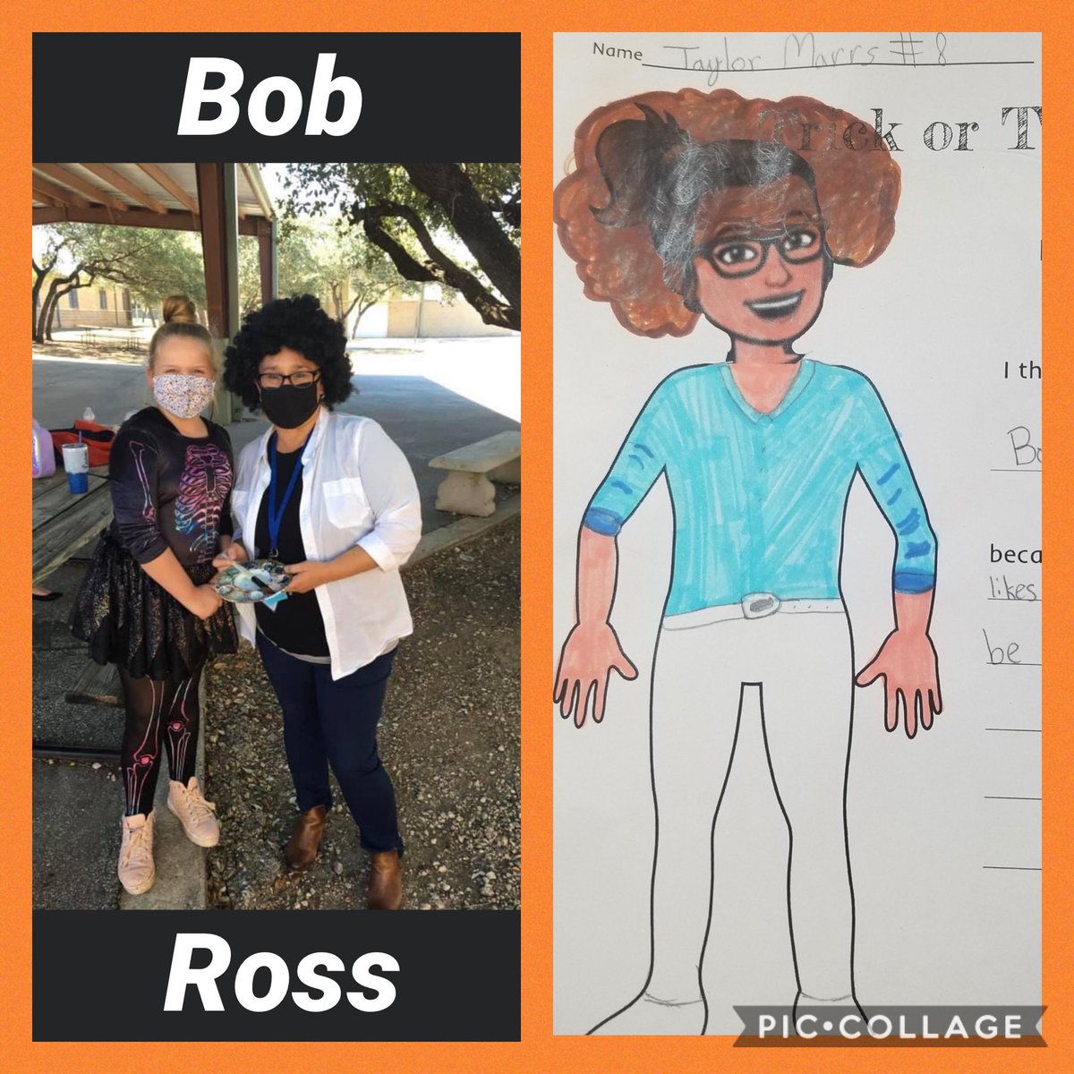 Hill country elementary Art students had a costume design contest to design a costume for Mrs. Klein for Halloween this year! Our winning design was Bob Ross! Thank you Mrs. Klein you look awesome!❤️🎨 <a href="/hcebulldogs/">Hill Country ES- Bandera ISD</a>