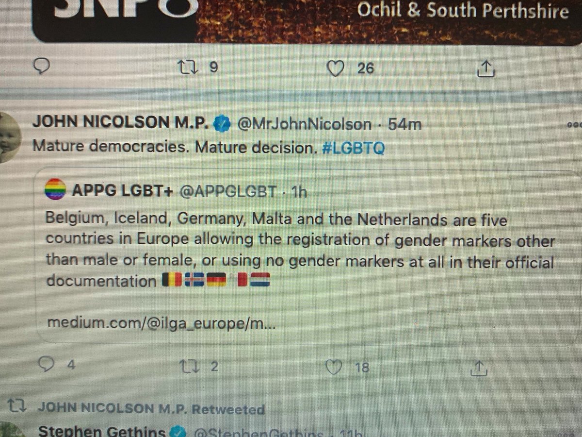 1./ Just how ignorant are some of our woke politicians? Here's  @MrJohnNicolson celebrating today 5 "mature democracies" for their gender laws. One of them is Malta, a spectacularly corrupt basket case whose govt just happens to be accused of involvement in killing a journalist.