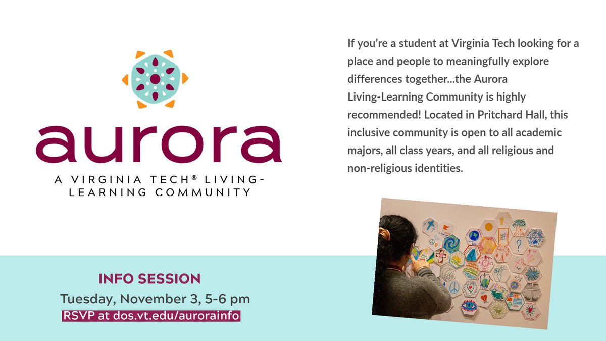 interfaithVT's tweet photo. Aurora Interfaith Living-Learning Community is open to all academic majors, all class years, and all religious and non-religious identities. Attend the info session on Tuesday, November 3, 5-6 pm. RSVP at https://t.co/6IXy7nU1B7
@StudentsAtVT @VTHRL @Synergy_At_VT @virginia_tech https://t.co/qAgTEXB4tf