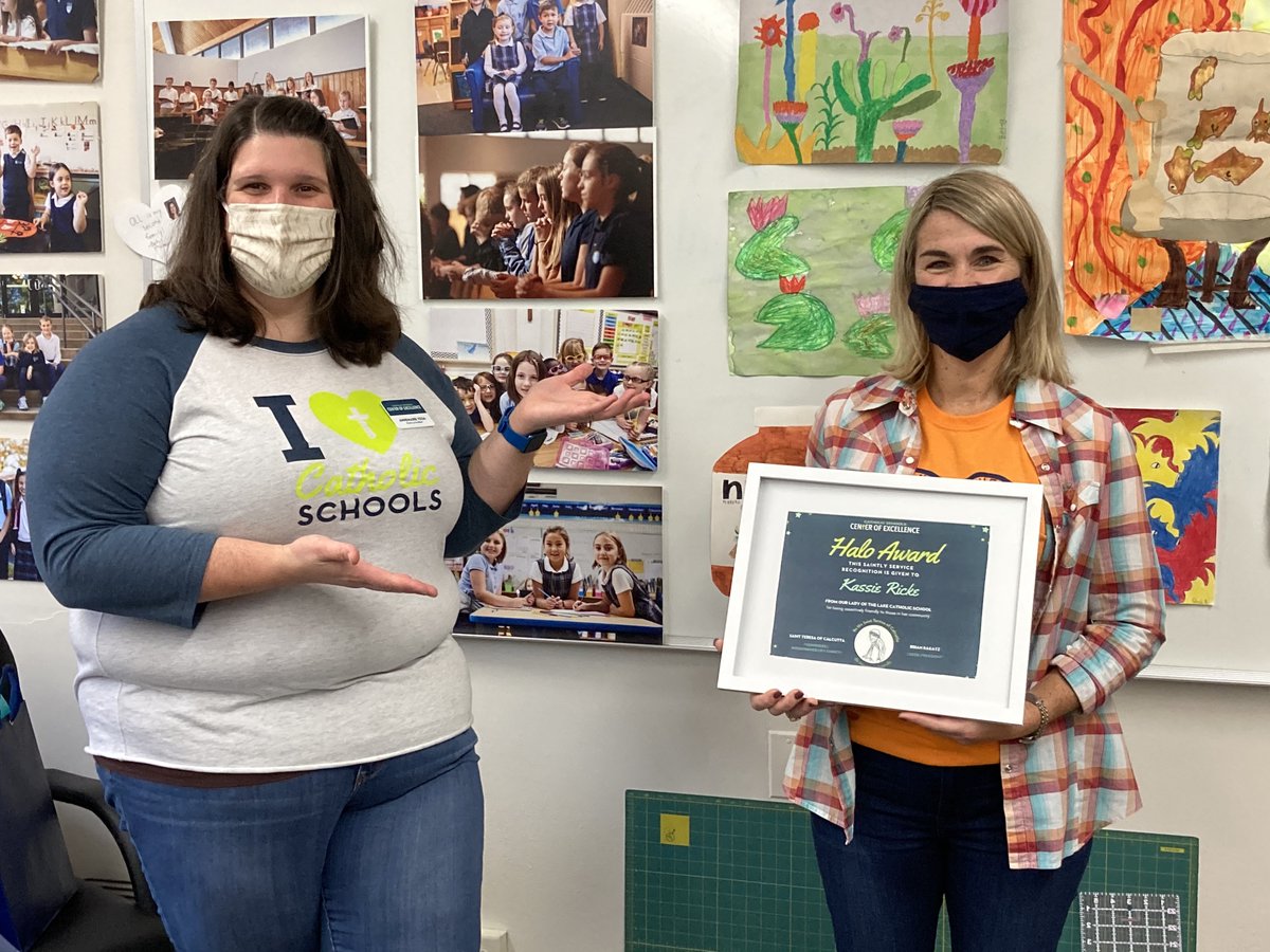 CSCOE_MN's tweet photo. 😇 Congratulations ￼to Kassie Ricke, advancement director at Our Lady of the Lake School in Mound for winning our #SaintlyService Halo Award! Ten people nominated Kassie for exemplifying St. Teresa of Calcutta with her assertive friendliness. #allyouneediscatholicschool https://t.co/dqjuMFGqyG