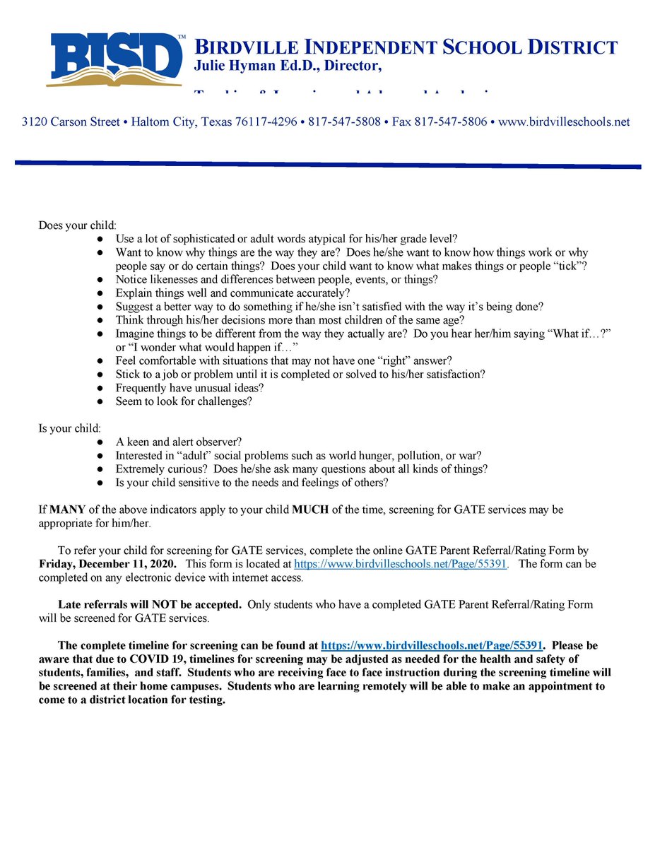 Birdville ISD is currently accepting referrals for Gifted &amp; Talented Education (GATE) screening for students in grades 2-5.   Referrals will be accepted through December 11, 2020.
 buff.ly/3oS796i
buff.ly/3mEnAkB