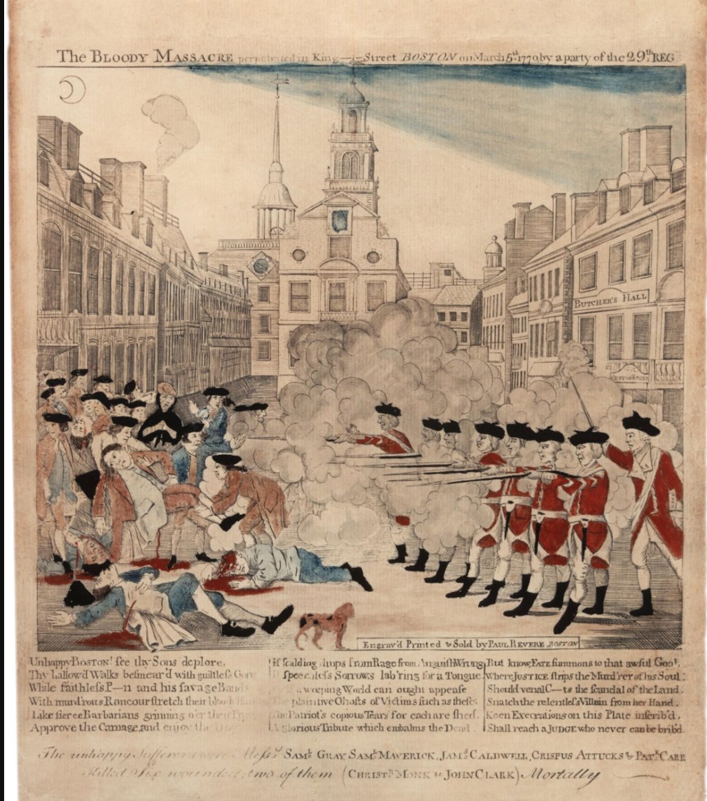 2. Boston Massacre: I’m sure many of you show students Revere’s piece of “fake news” (see the good visual interactive here,  https://ap.gilderlehrman.org/resource/paul-revere%27s-engraving-boston-massacre-1770