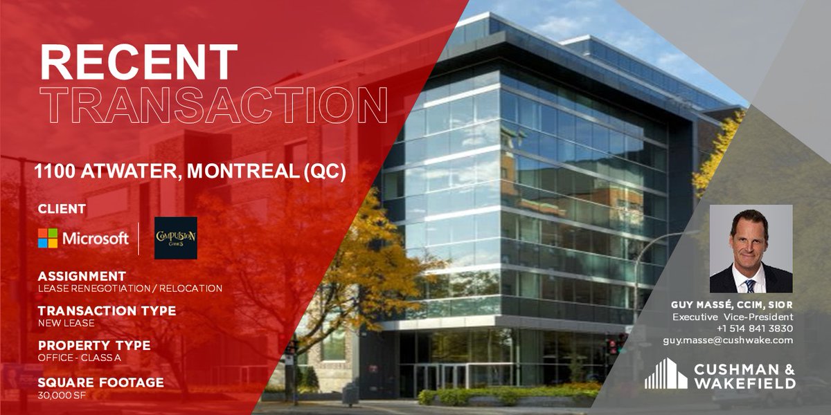 YourTenantRep's tweet photo. Recent transaction representing Microsoft/Compulsion Games in a tenant representation capacity for a new lease at 1100 Atwater Montreal #montreal #lease #negotiation #relocation #officepace #tenant #cre #realestate #ccim #sior #tenantrep #canada 🇨🇦 🇺🇸 🌐 https://t.co/jerrIONRKo