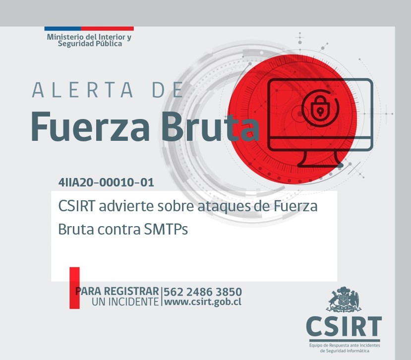 ANCIChile's tweet photo. 4IIA20-00010-01 #CSIRT advierte sobre ataque de Fuerza Bruta contra #SMTPs. La información está disponible en https://t.co/ruRgZLYd6B
Más alertas y vulnerabilidades en https://t.co/RQtit6UJQs
#csirtgob #ciberseguridadparaTI https://t.co/FByuPh9Xt6