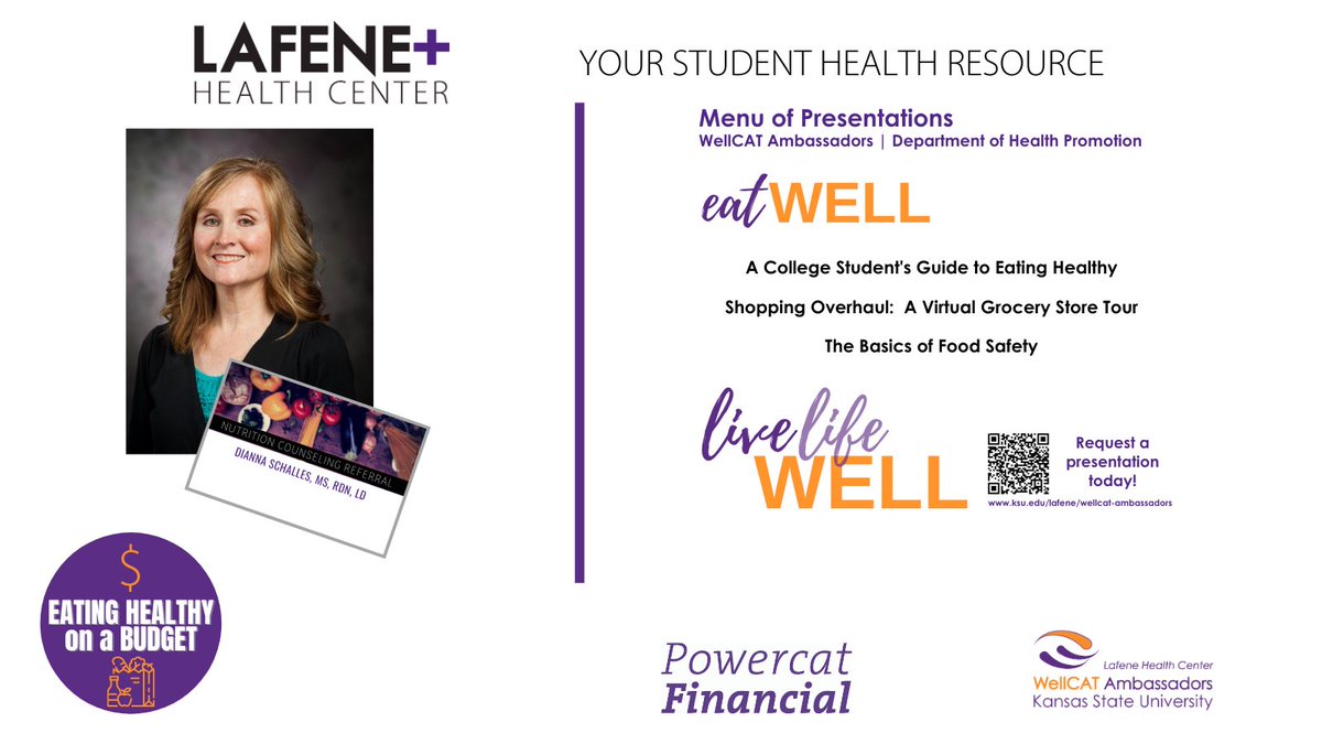 KStateWellCAT's tweet photo. Dianna Schalles, Registered Dietitian at @KstateLafene is available at no charge for nutrition consultations by making an appointment on your MyLafene+ patient portal. 

WellCAT Ambassadors offer presentations for any student group! Request a presentation today! https://t.co/5CIkk1xiR9