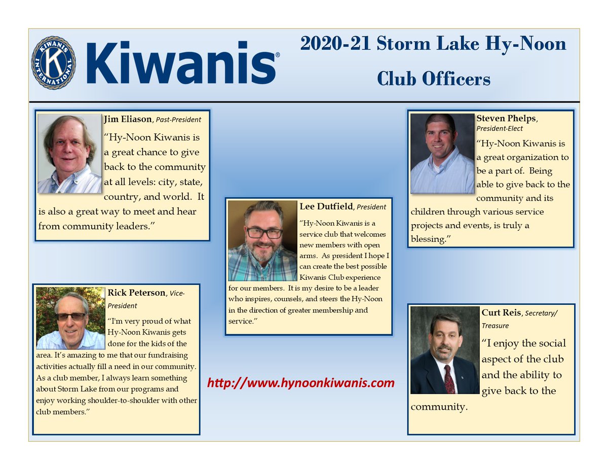 A new Kiwanis fiscal year means a new slate of officers.  Meet your 2020-21 HyNoon Club Officers which began the new fiscal year on October 1!  Thanks to each of them for agreeing to lead the club! #HyNoon100