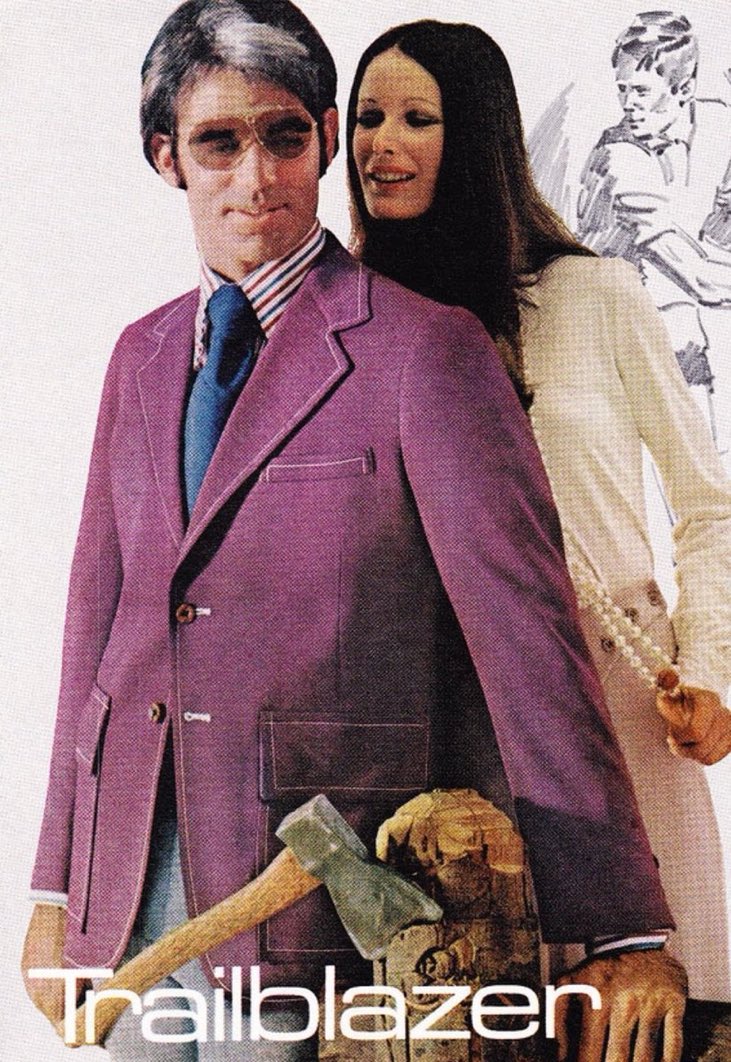 Super70sSports's tweet photo. When you're chilling in your lavender jacket chopping some shit with an axe but the ladies just can’t enough of your skunk hair. https://t.co/lXYUHHF51W