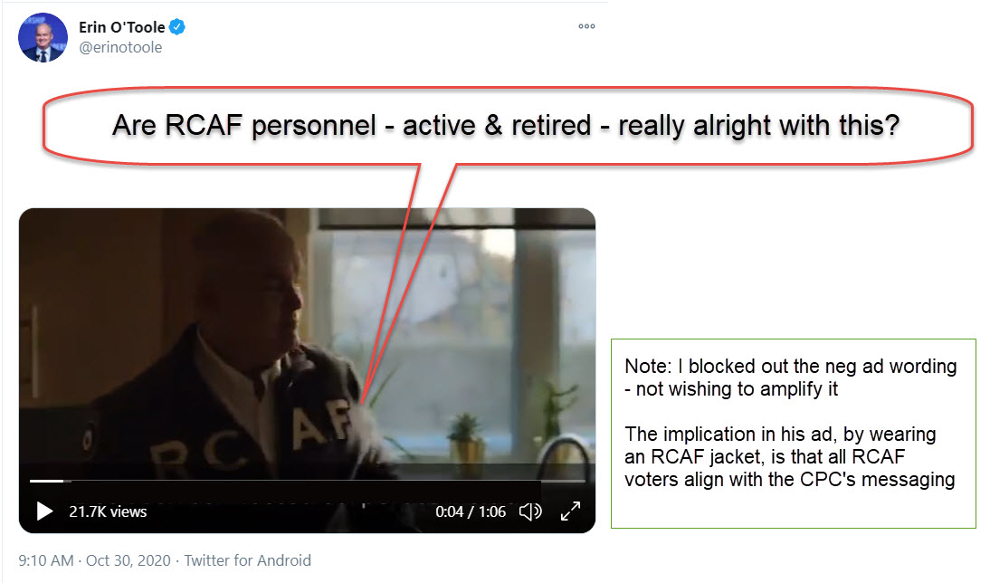5/adding to this thread, seems relevant IMO. A screenshot from video posted on E O'T TL (note: I blocked out the neg ad wording - not wishing to amplify it)The implication in his ad, by wearing an RCAF jacket, is that all RCAF voters align with the CPC's messaging