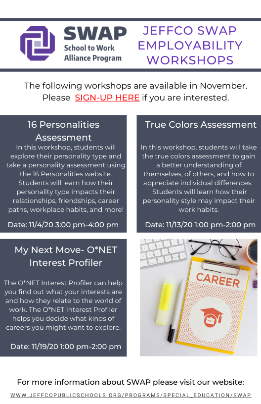 Hey students--- SWAP will be offering some exciting workshops in November to learn about different assessments and how they will help you with your career goals. We hope to see you there!