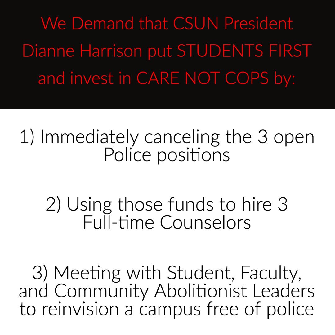 CsuOff's tweet photo. Students at @CSUN need more full-time counselors, not more cops. #CareNotCops #CopsOffCampus https://t.co/tcUz0eT3hg