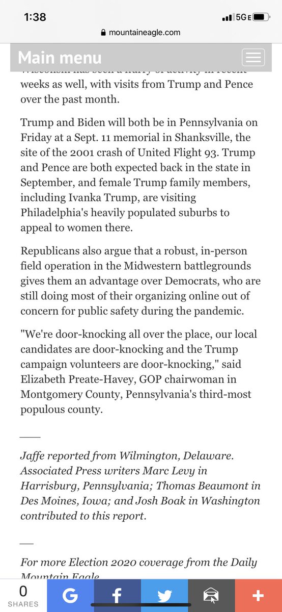 8/ "’We're door-knocking all over the place [in PA] ..., said Elizabeth Preate-Havey, GOP chairwoman in Montgomery County, PA’s third-most populous county.” 9/9/20  https://mountaineagle.com/stories/in-3-big-states-biden-looks-to-rebuild-democrats-blue-wall,28308JC note: Ds must watch Montgomery County & all of PA closely. Bannon + Preate = .