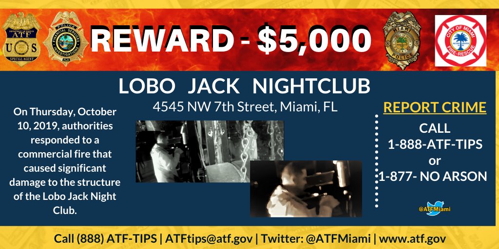 ATFMiami's tweet photo. $5,000 REWARD OFFERED! @ATFMiami @MiamiPD @CityofMiamiFire &amp; @FLDFS need your help! Call 1-888-ATF-TIPS or 1-877-NO ARSON w/info. YOU CAN REMAIN ANONYMOUS! https://t.co/OatFV2GerX