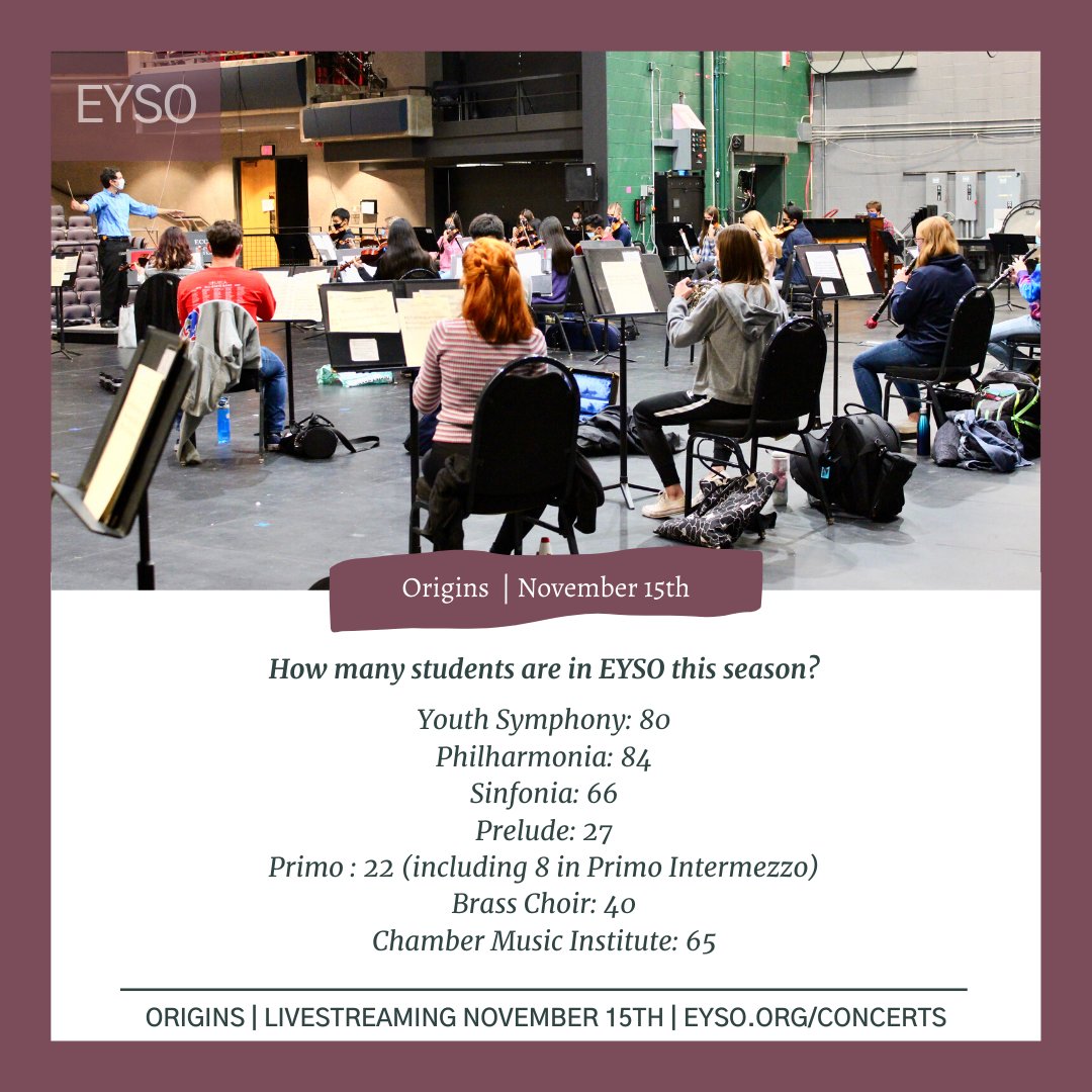EYSO's tweet photo. Students in Brass Choir & the Chamber Music Institute (CMI) are also performing in an orchestra (with the exception of 4 students; 2 are only in Brass Choir and 2 are only in CMI). Head over to Facebook to learn more about this unique season. #ML2021 #EYSOFans #MusicEducation https://t.co/K2Q1ezhsAX
