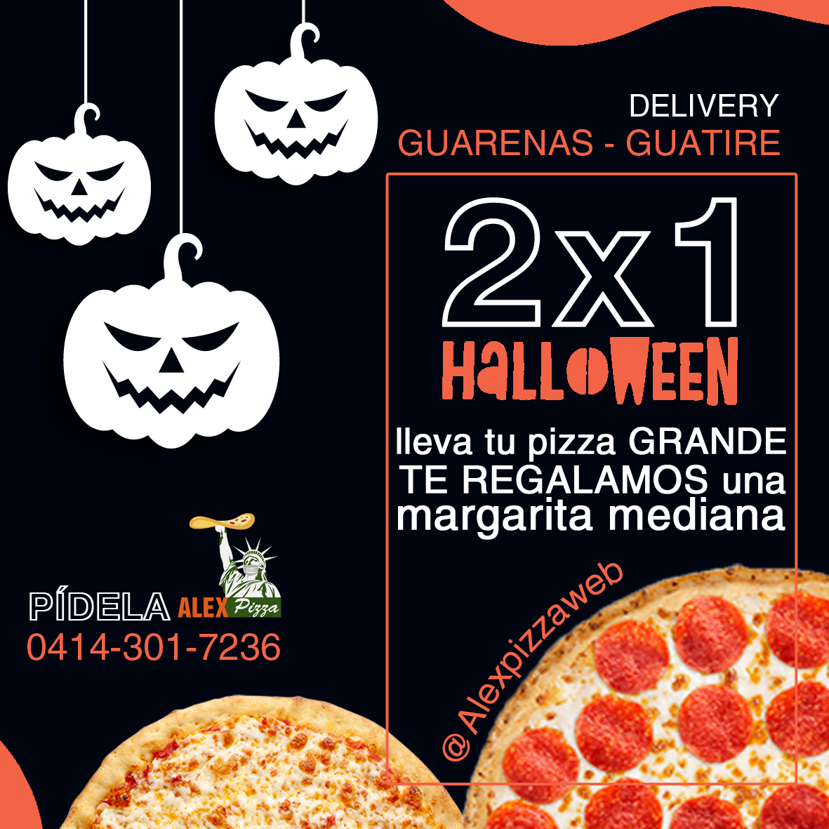 AlexPizzaWeb's tweet photo. 2x1 en #Pizzas para brujas y hombres lobo 🕸️😱
Viernes y sábado en @AlexPizzaWeb con la compra de tu pizza GRANDE, te regalamos una margarita mediana.

Delivery en #Guarenas #Guatire 📞04143017236 https://t.co/fkTDj9WeEF
