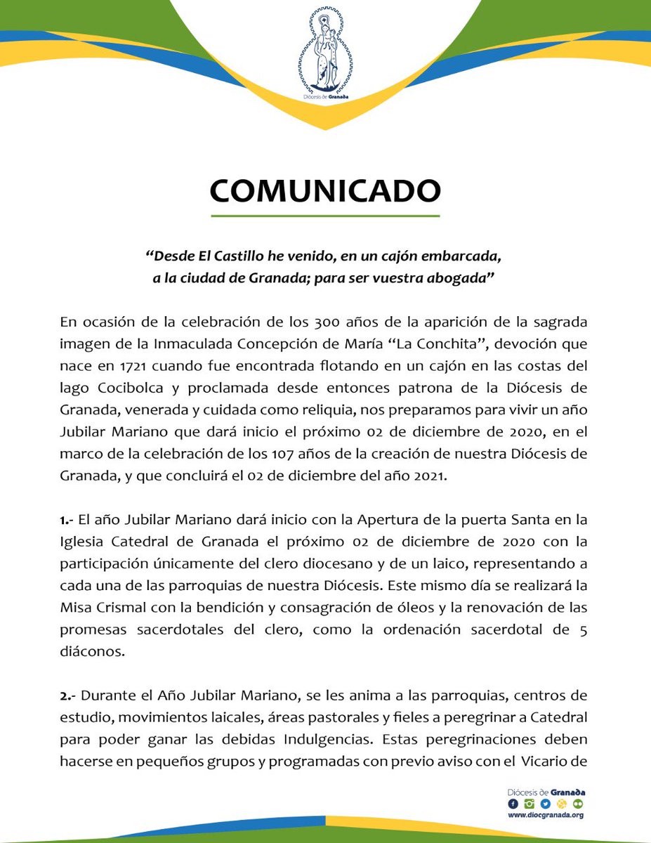 DiocGranada's tweet photo. Comunicado en torno a las celebraciones de los 300 años de la llegada de la Inmaculada Concepción de María a Granada y sobre la celebración de su novenario. #Conchita300Años https://t.co/l9wxlA1zIb