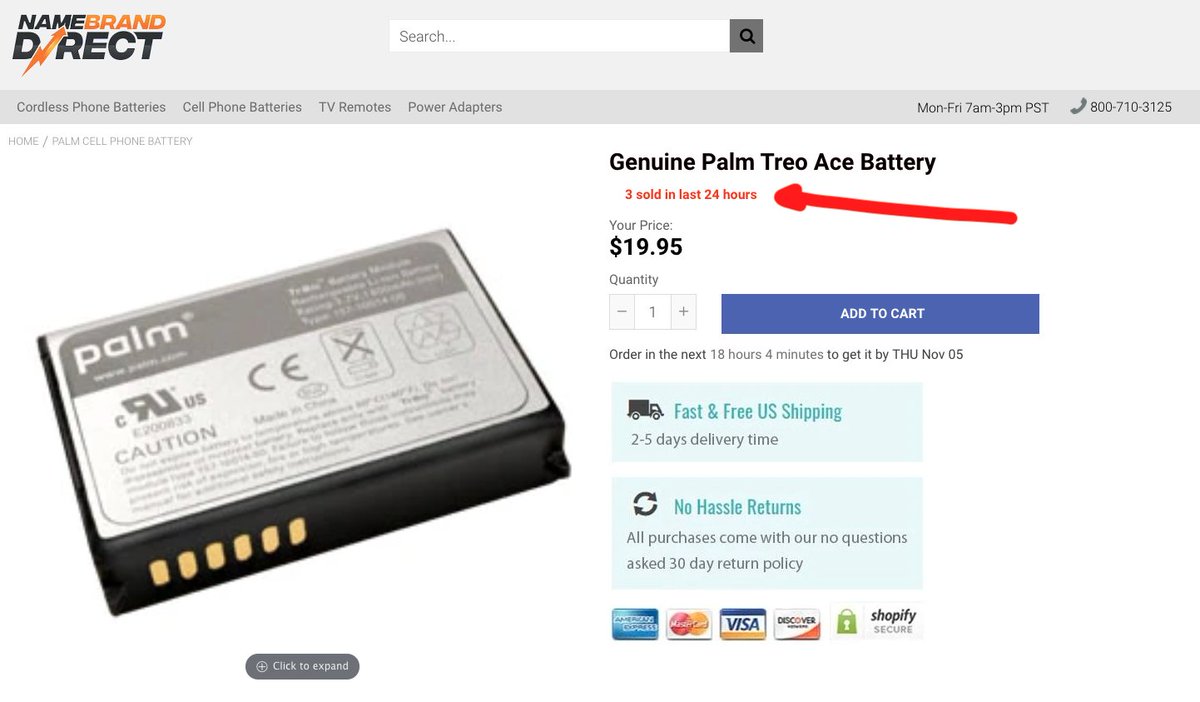 jimthornton's tweet image. When CRO gimmicks backfire - almost bought this then decided to tweet instead - saw a &quot;3 sold in last 24 hours&quot; on a battery for a 2006 palm treo phone 🤔, turns out that phrase is on all other ~5k battery PDPs 🤦‍♀️