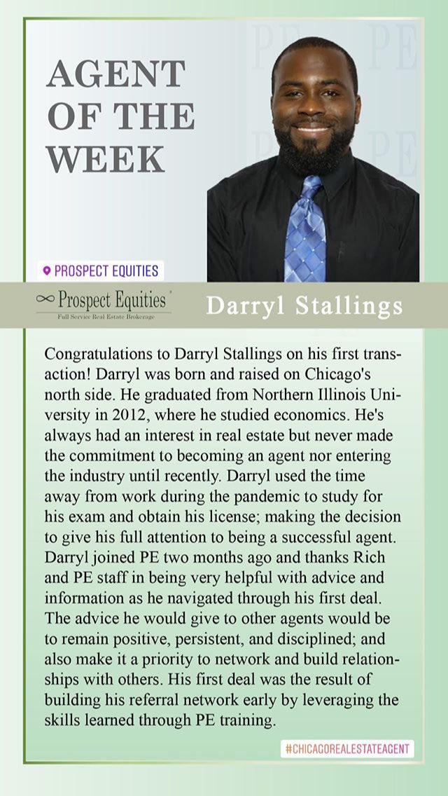 PrEq's tweet photo. Congrats to PE Agent of the Week Darryl Stallings on closing his first deal this week @PrEq #Chicago #PE #ProspectEquities #RealEstate #dedication #drive #agent #Producer https://t.co/8DBA6Moz6c