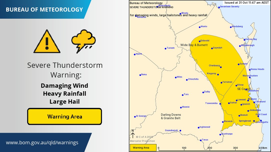 ⚠️⛈️ SEVERE THUNDERSTORM WARNING for rapidly developing storms likely to produce damaging winds, large hail and heavy rainfall across #SEQ including #Brisbane #GoldCoast #Ipswich #Caboolture #Kingaroy #Gympie. Details and updates: ow.ly/2s6G50C7Oni
