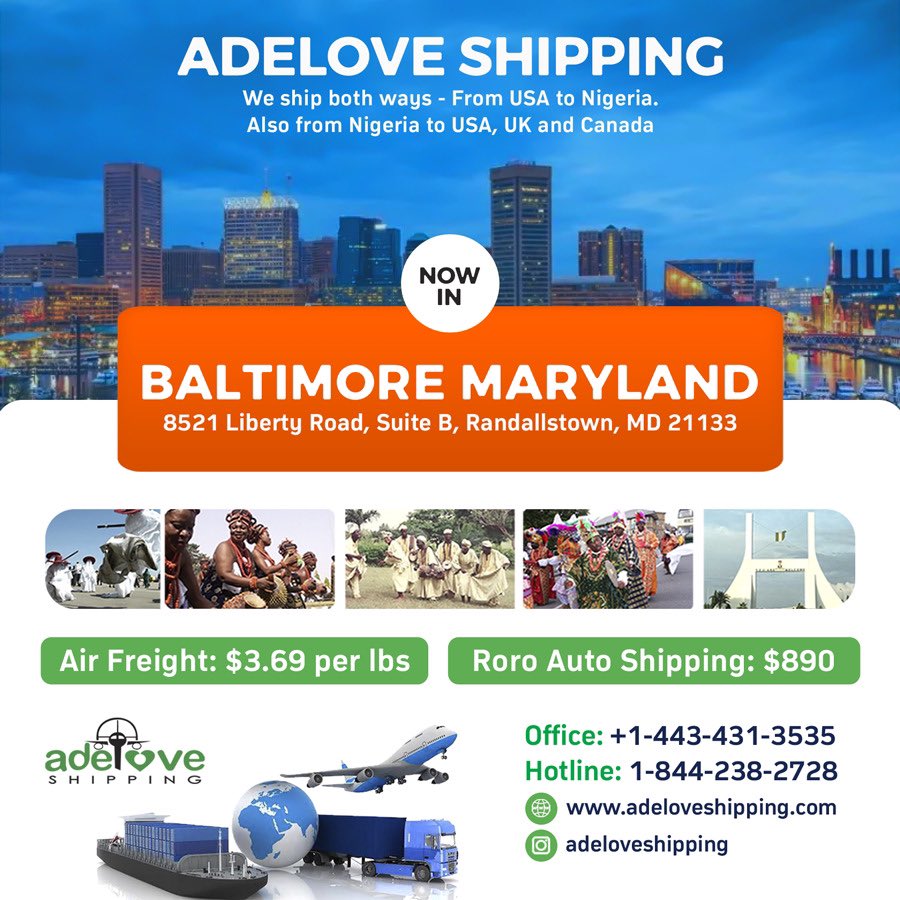 adeloveshipping's tweet photo. @adeloveshipping now in Baltimore Maryland USA

8521 Liberty Road, Suite B, Randallstown, MD 21133

Phone: +1-443-431-3535
Hotline: +1-844-238-2728

#ShipFromUSAtoNigeria #ShipFromNigeriaToUSA
#adeloveshipping 
#OgbongeNaijaShippingLine
#Number1NaijaShippingLine https://t.co/mdnT0pT4Ju