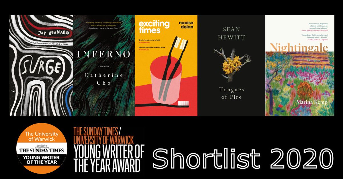 We are thrilled to have FIVE books on our #YoungWriterAward shortlist this year - massive congrats to #JayBernard, @Catkcho @NaoiseDolan @seanehewitt and @MarinaKempPull  / @BloomsburyBooks @Vintagebooks @ChattoBooks @JonathanCape @4thestatebooks @HarperCollinsUK @wnbooks