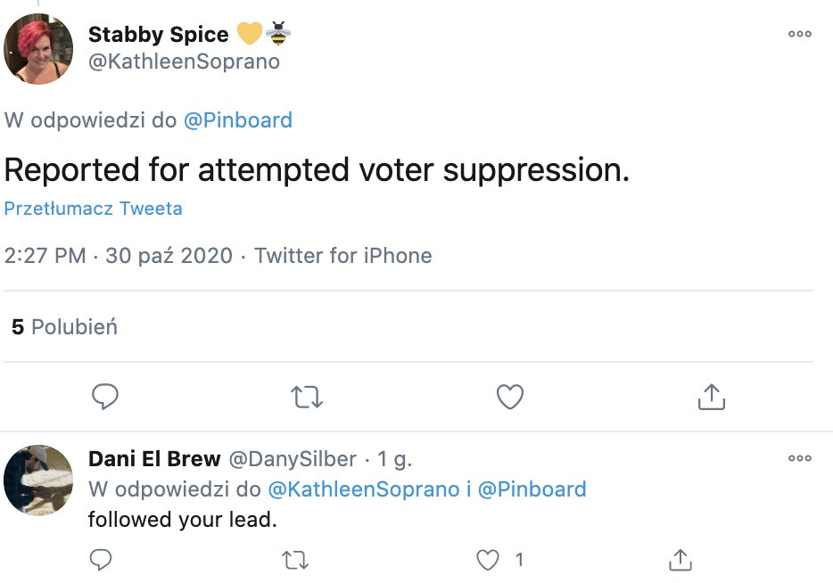 Screenshot of tweeters saying they reported me for attempted voter suppression