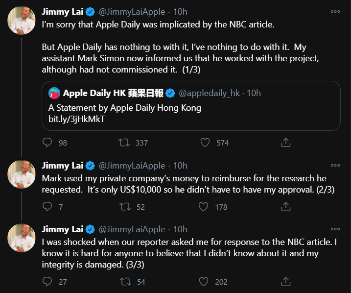 10/ Returning to the present, Jimmy Lai and Apple Daily immediately issued denials and threw Mark Simon under the bus