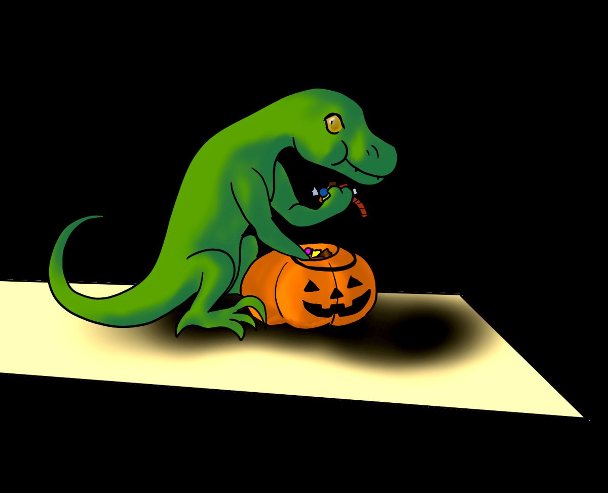 PethickMath's tweet photo. #DrawADinosaurFriday returns!! This dino is demonstrating my plan for the weekend, which is sitting in a dark room by myself an eating candy. Hooray! 🎃🎃🎃

Have a great weekend, Falcons, and I'll see you next week! https://t.co/ctEg2oulxf