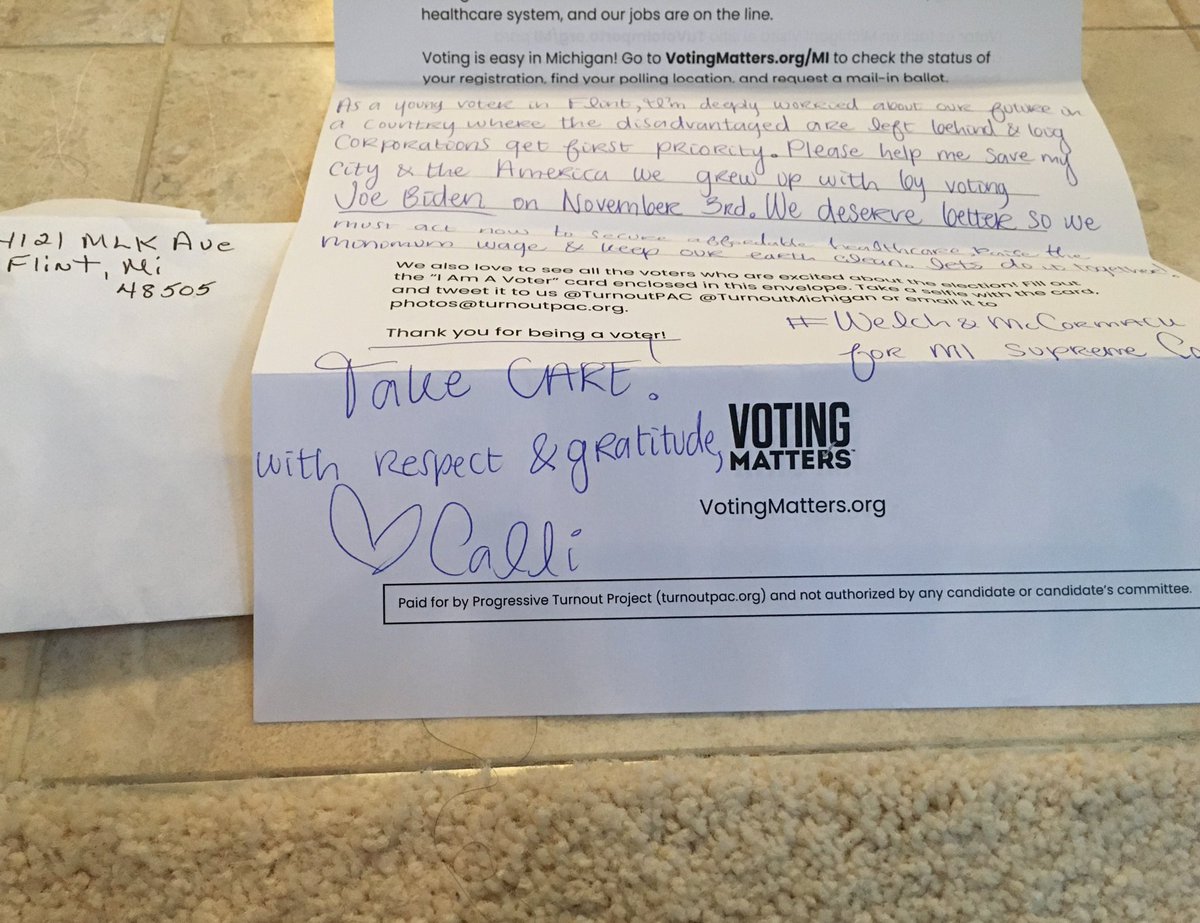 Hey Calli! Thanks so much for your note to my dad...he did vote and you’ll be happy to know the two of you have shared priorities. Appreciate all that you and your group are doing #VOTE #BidenHarris2020 

<a href="/TurnoutPAC/">Progressive Turnout Project</a> <a href="/TurnoutMichigan/">Turnout Michigan</a>