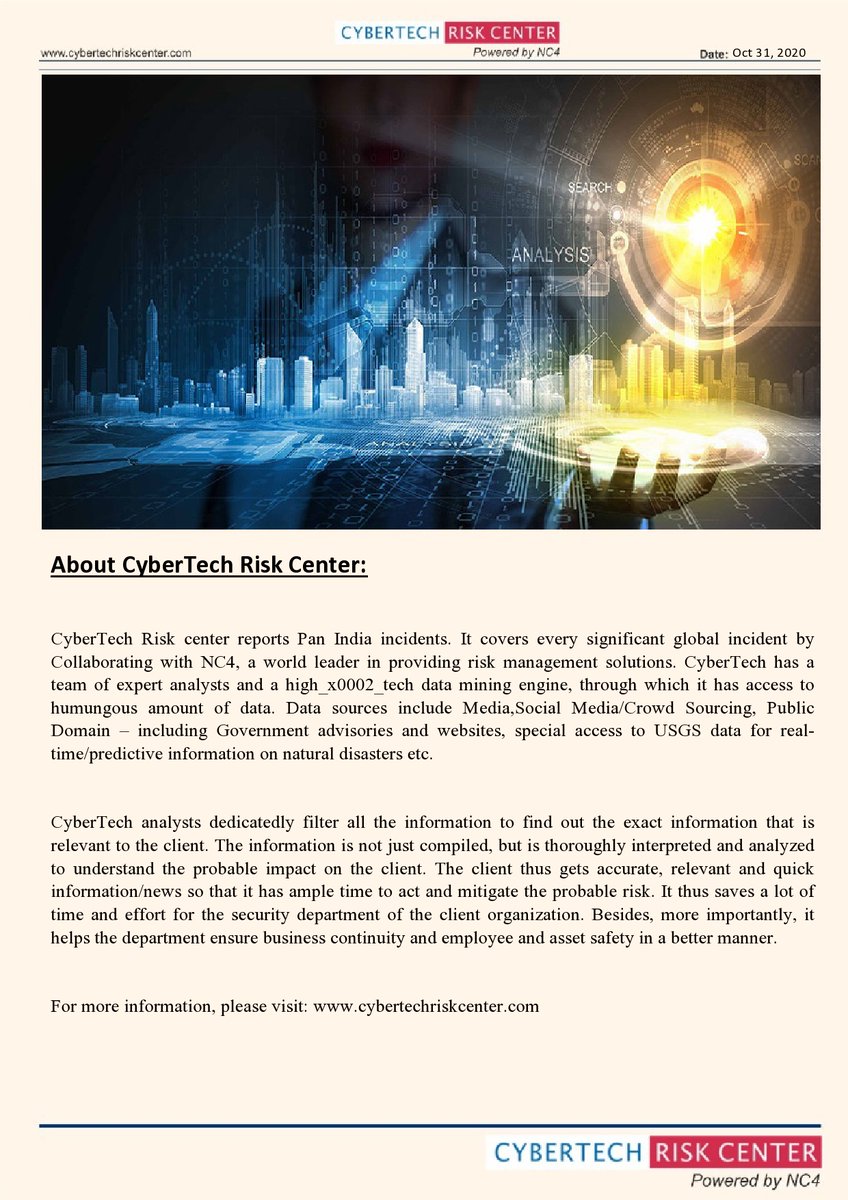 CrcConnect's tweet photo. Know what major happened in the nation on Oct 30 with cyberTech news bulletin. Contact us to get real time alerts of various incident which can affect your business or your assets. #riskmanagement #businesscontinuity #riskcenter #cybertech #NC4 https://t.co/OBmU7e3kjd