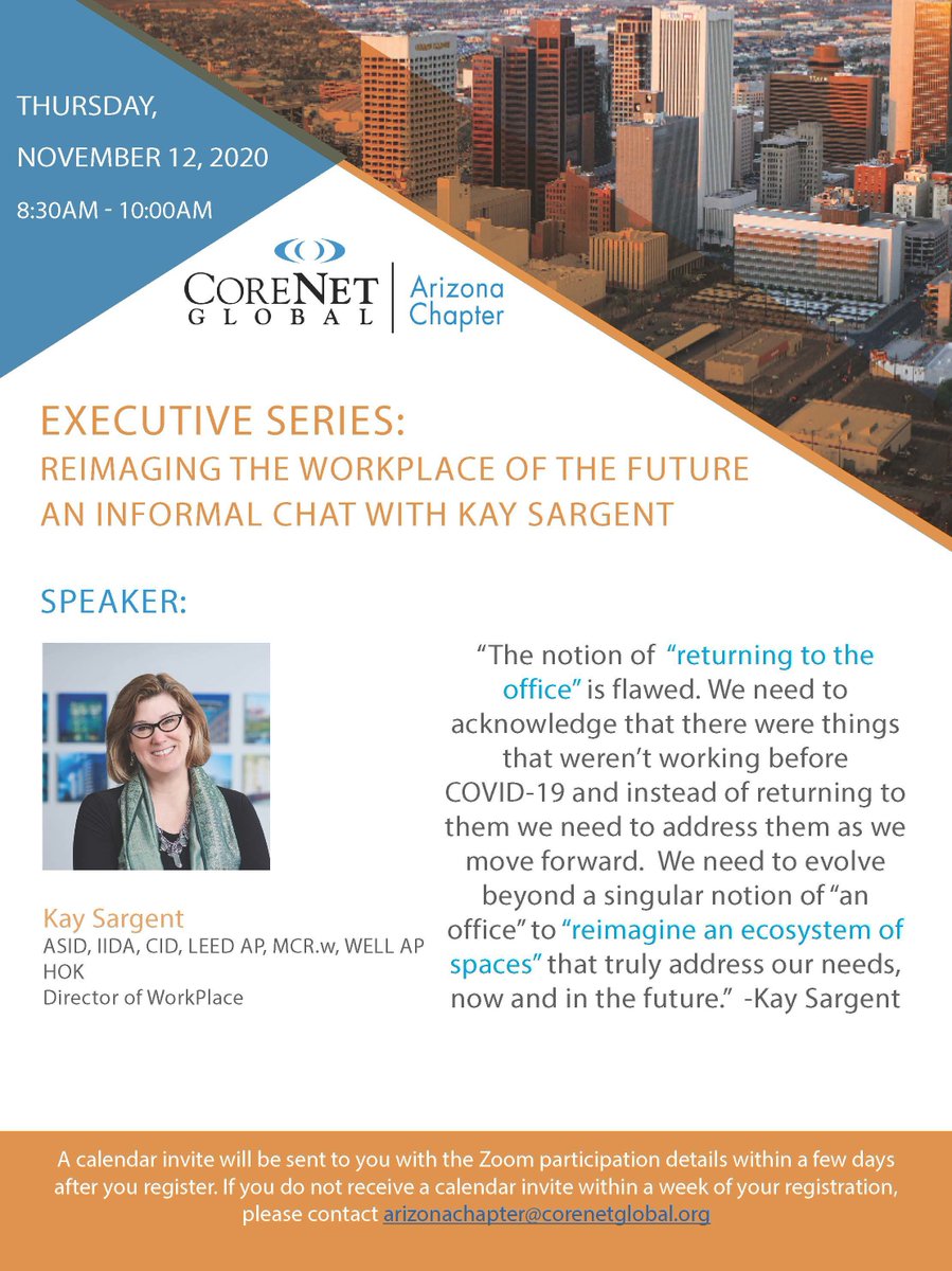 Nov 12 Reimage the Workplace: I will chat w/ Kay Sargent, Global Director Workplace, HOK, on #FutureOfWork, #Workforce and #WorkEnvironment. Kay works with #Fortune500. More Info &amp; Registration: bit.ly/reimageworkenv…   #corenetglobal  #mobility #uli